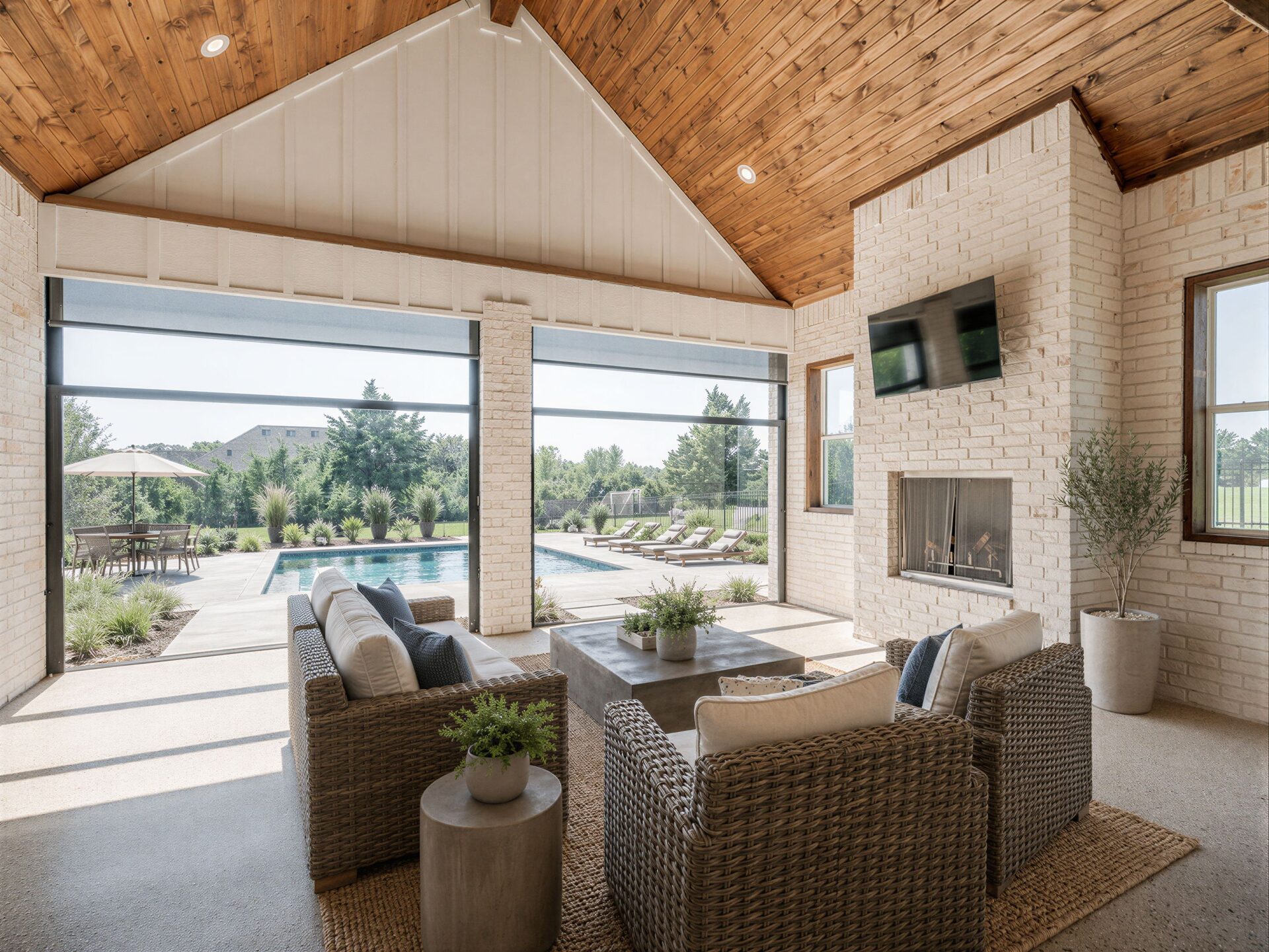 Vaulted-ceiling outdoor room enclosed with a Stax lift wall system beside a pool